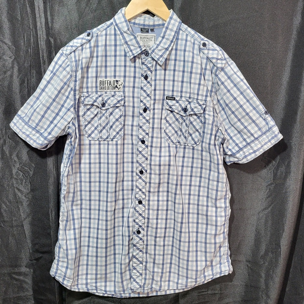 Buffalo David Bitton Mens Blue White Plaid Short‎ Sleeve Button Down Shirt Large